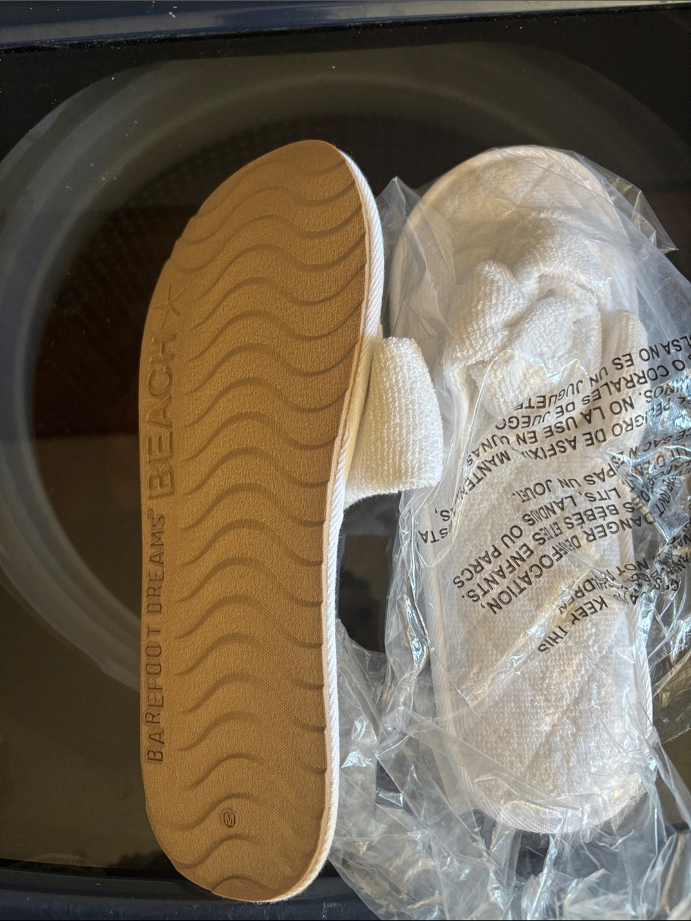 Barefoot Dreams Beach White Terry Slide Slippers with Tan Sole